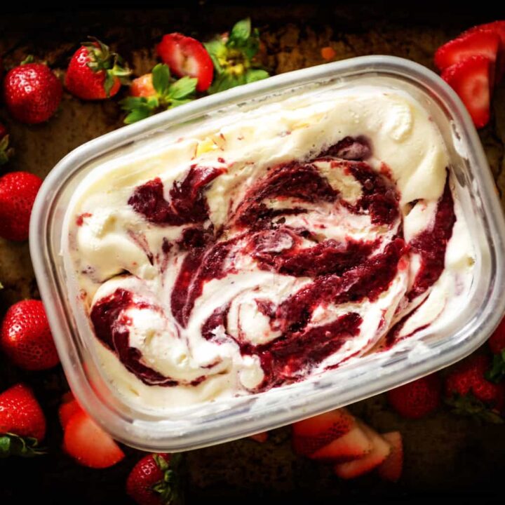 Sweet Cream Ice Cream with Roasted Strawberry Jam Swirl | Kita Roberts PassTheSushi.com