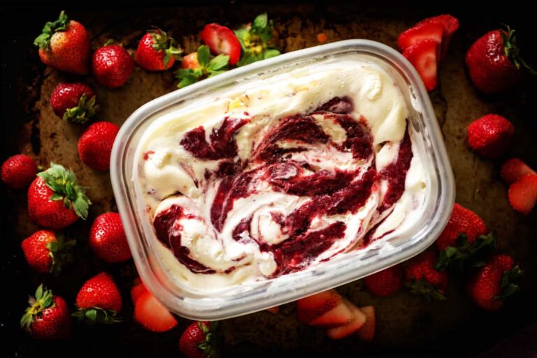Sweet Cream Ice Cream with Roasted Strawberry Jam Swirl