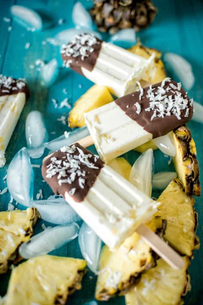 Chocolate Dipped Boozy Pina Colada Popsicles | Kita Roberts PassTheSushi.com