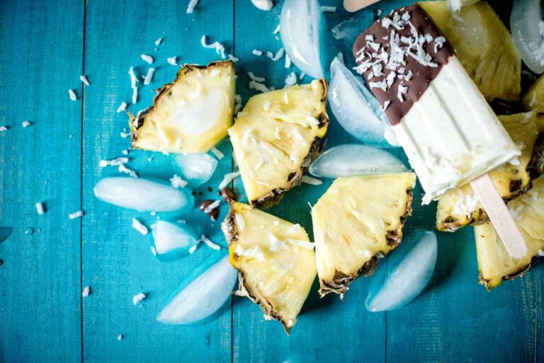 Chocolate Dipped Boozy Pina Colada Popsicles