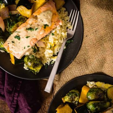 Curry Roasted Salmon & Veggies With Tahini Sauce over Basmati | Kita Roberts PassTheSushi.com