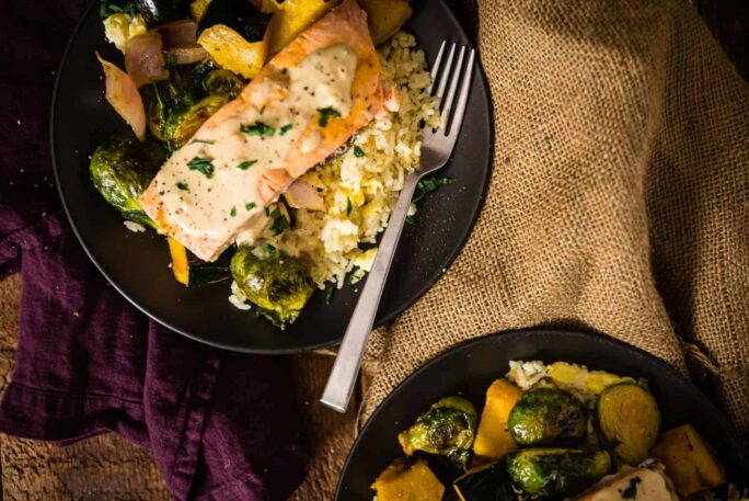 Curry Roasted Salmon & Veggies With Tahini Sauce over Basmati | Kita Roberts PassTheSushi.com