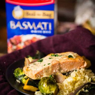 Curry Roasted Salmon & Veggies With Tahini Sauce over Basmati | Kita Roberts PassTheSushi.com