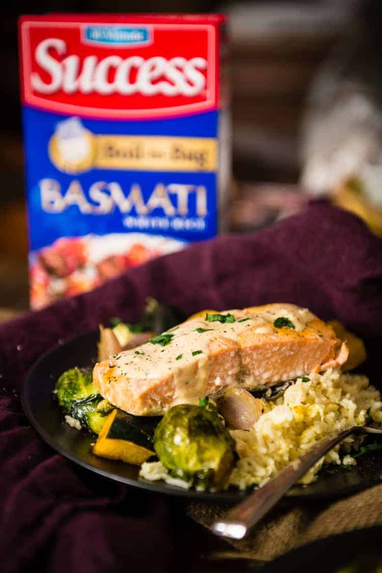 Curry Roasted Salmon & Veggies With Tahini Sauce over Basmati | Kita Roberts PassTheSushi.com