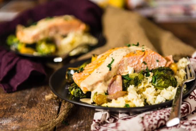 Curry Roasted Salmon & Veggies With Tahini Sauce over Basmati | Kita Roberts PassTheSushi.com