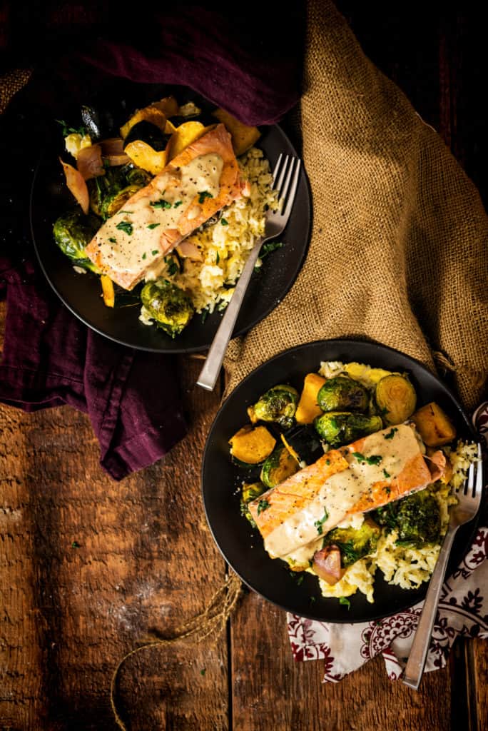 Curry Roasted Salmon & Veggies With Tahini Sauce over Basmati | Kita Roberts PassTheSushi.com