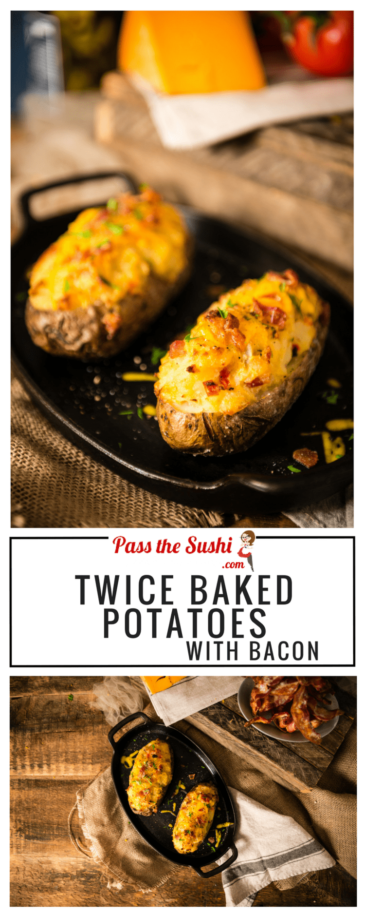 A perfect recipe for Twice Baked Potatoes with Bacon with everything you want. Crispy skin and fluffy filling loaded with cheesy goodness.