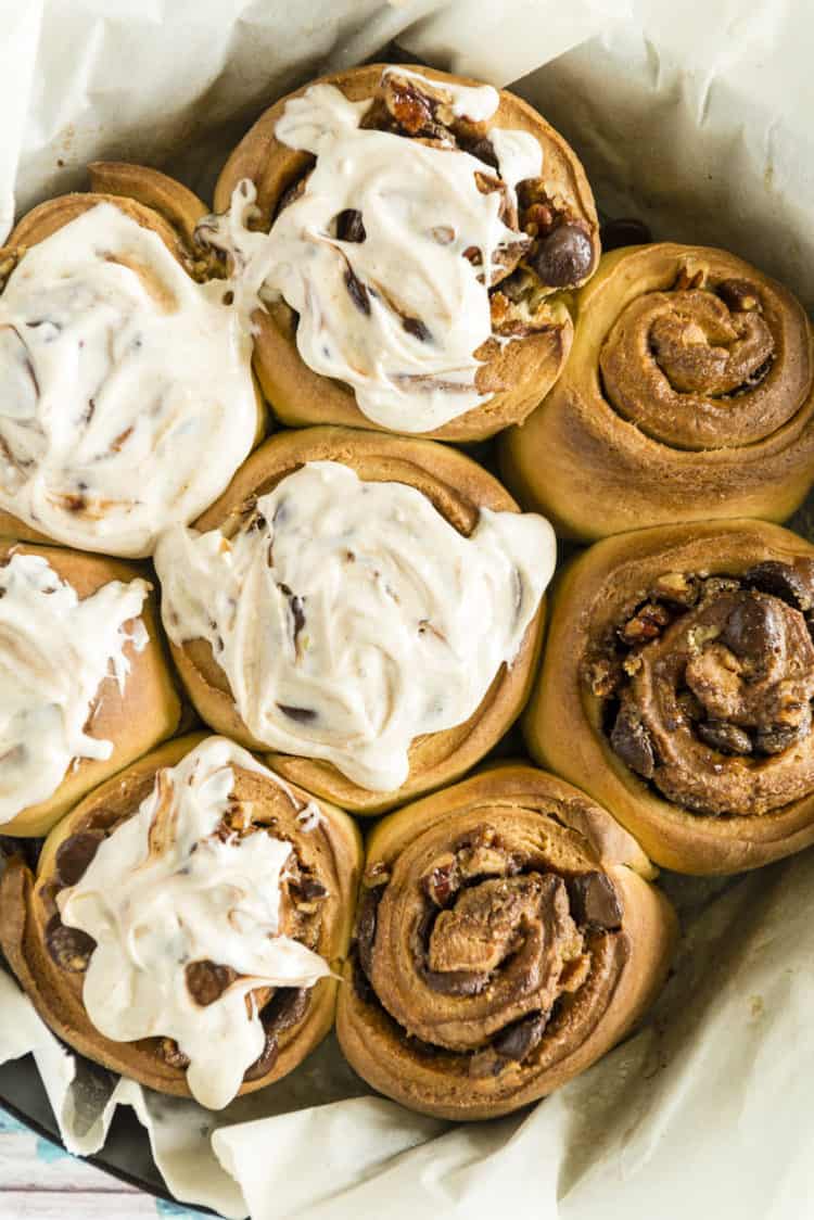 Chocolate Chip Pecan Cinnamon Roll Recipe with Cream