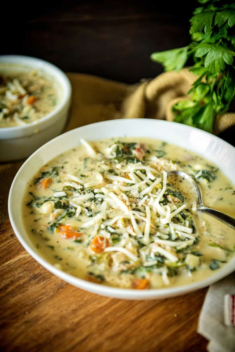 Creamy rich soup served with spoon and shaved parmesan cheese. 