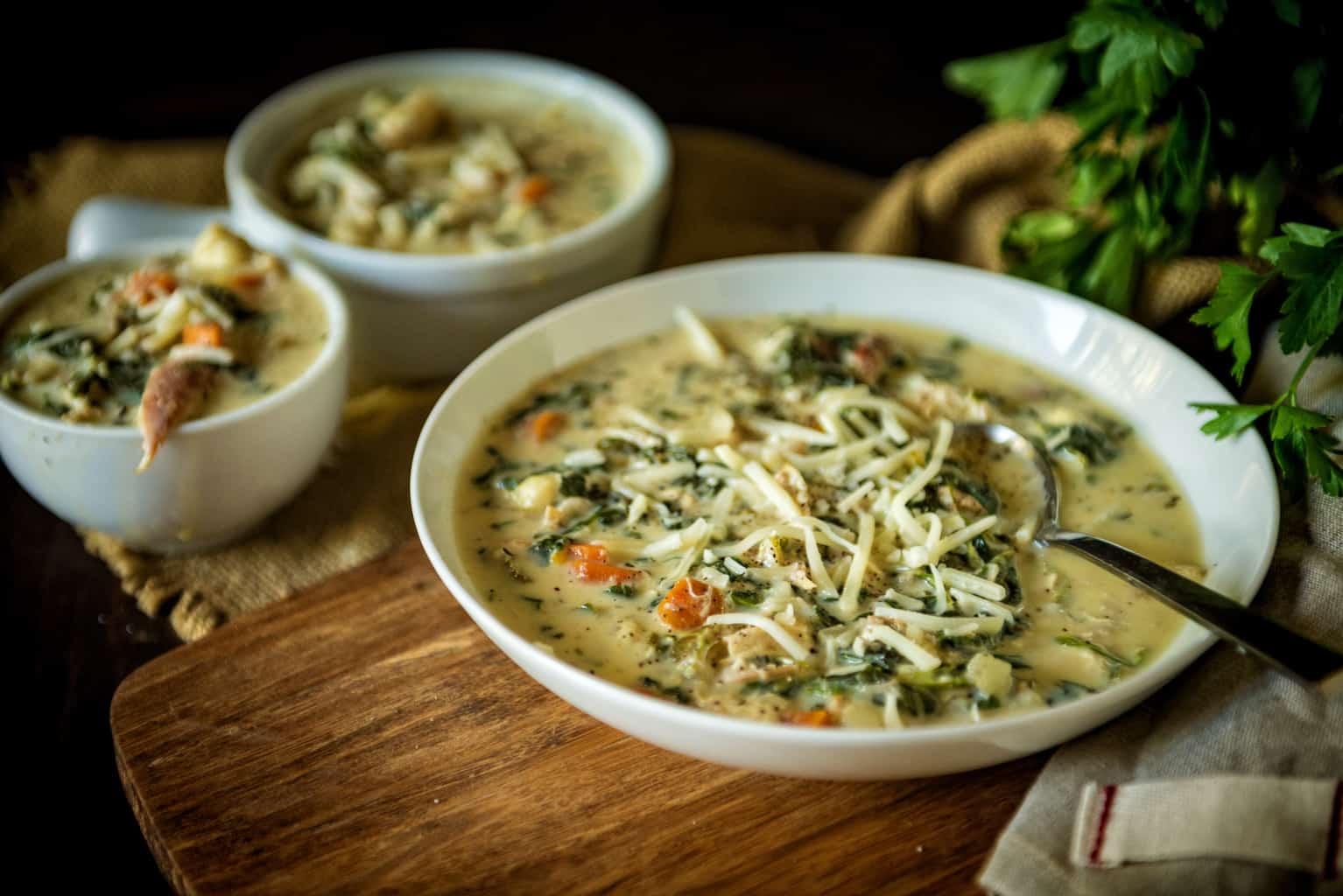 Chicken Gnocchi Soup in a white bowl.