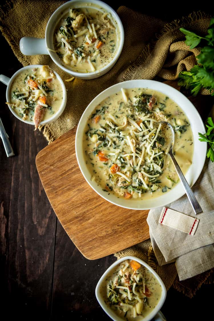 Overhead image of bowls of Chicken Gnocchi Soup.