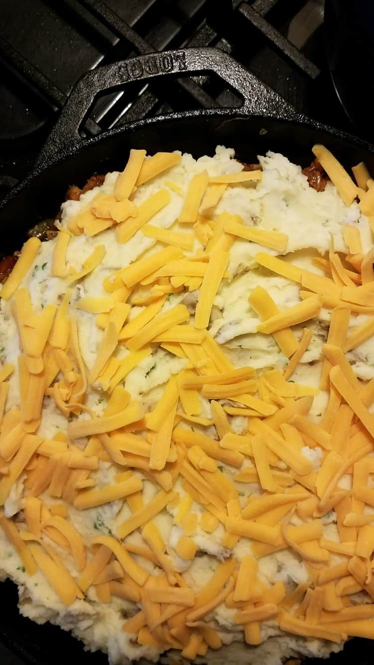 Smoked BBQ Turkey Shepherds Pie - step 5 add cheese and bake for 30 minutes