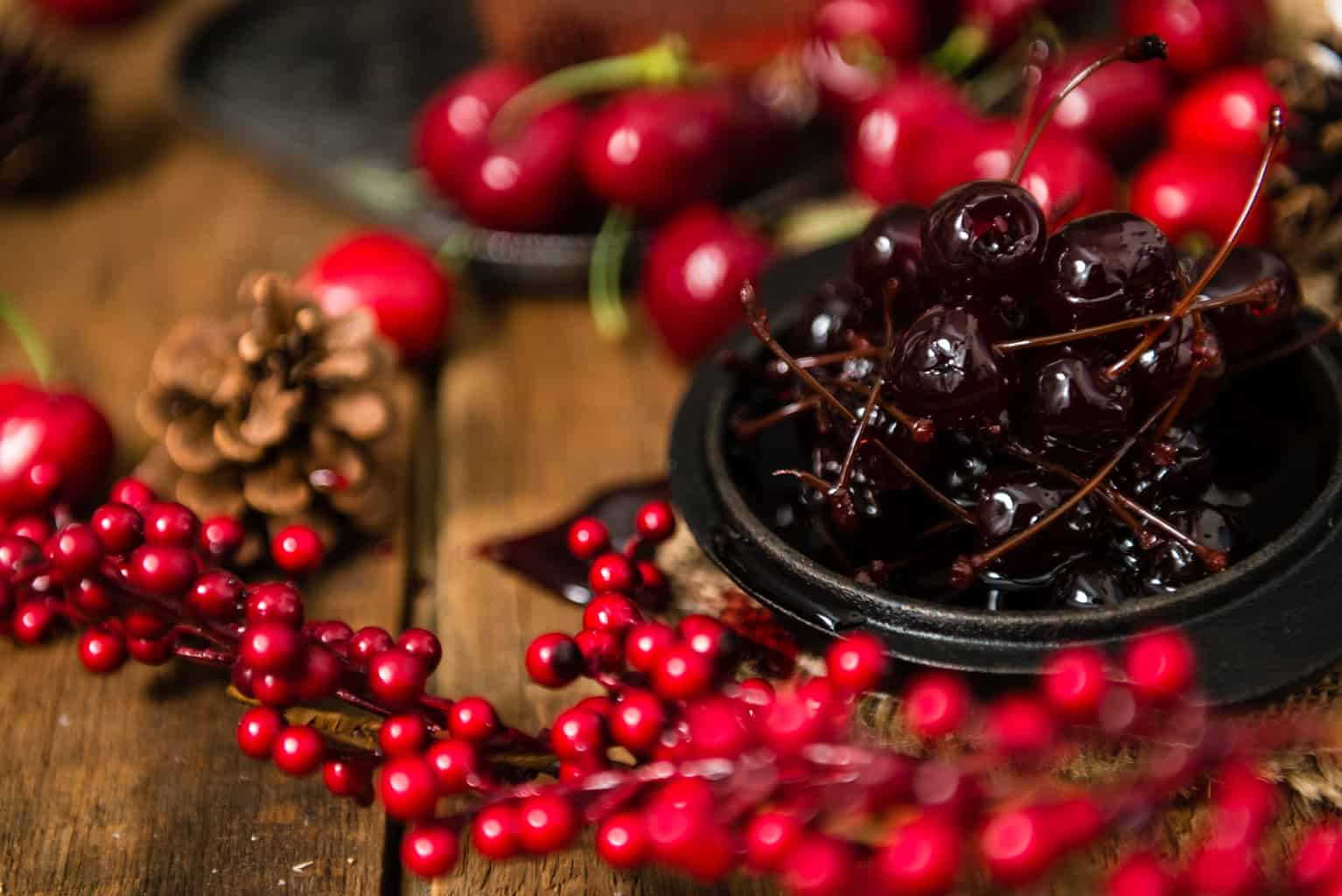 Cocktail cherries in a bowl. 