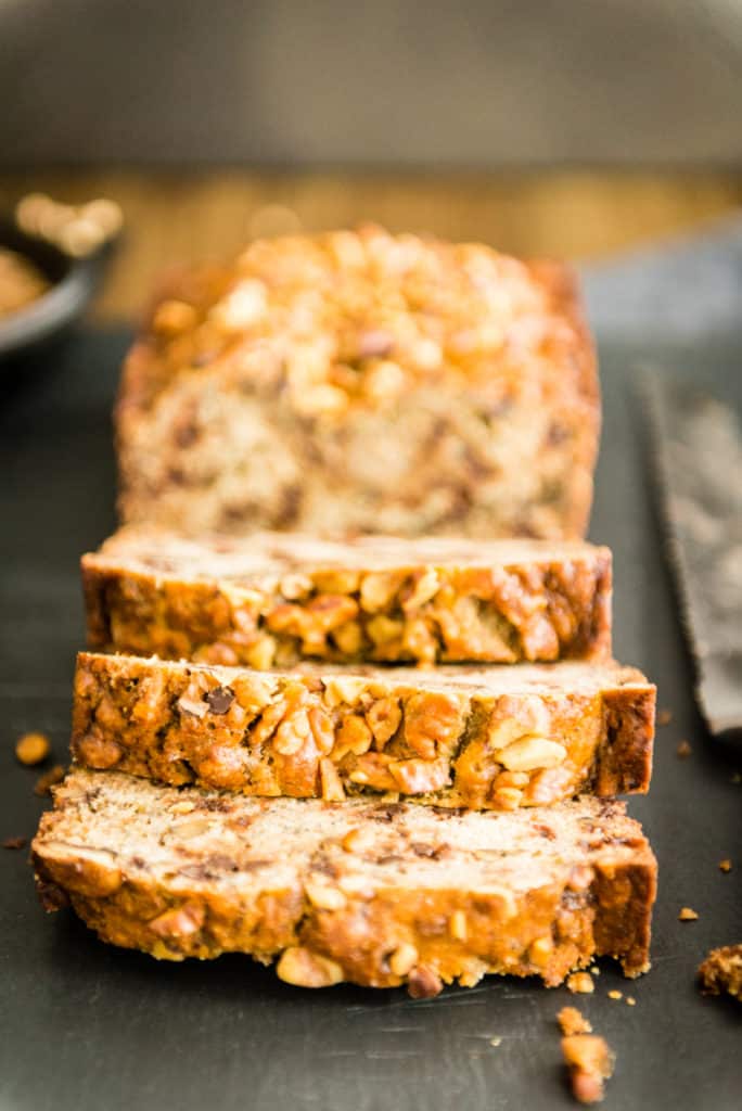 Espresso banana bread recipes uses up frozen bananas, chocolate chips and walnuts!