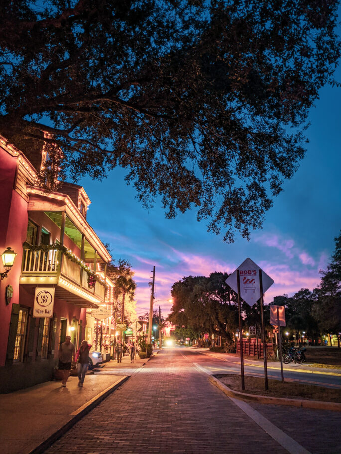 St Augustine at sunsets is one of the pretties cities to stroll through as the pastel skies paint the narrow streets and historic facads.