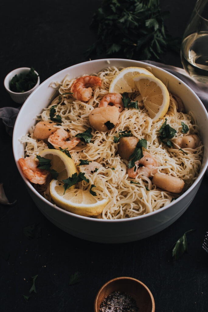 bowl of Seafood Scampi with Angel Hair Pasta