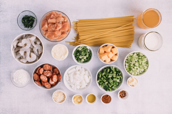 Ingredients for Cajun Chicken, Shrimp, and Sausage Pasta