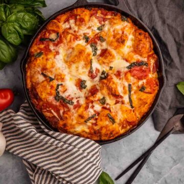 Overhead shot of this recipe in a skillet on table.