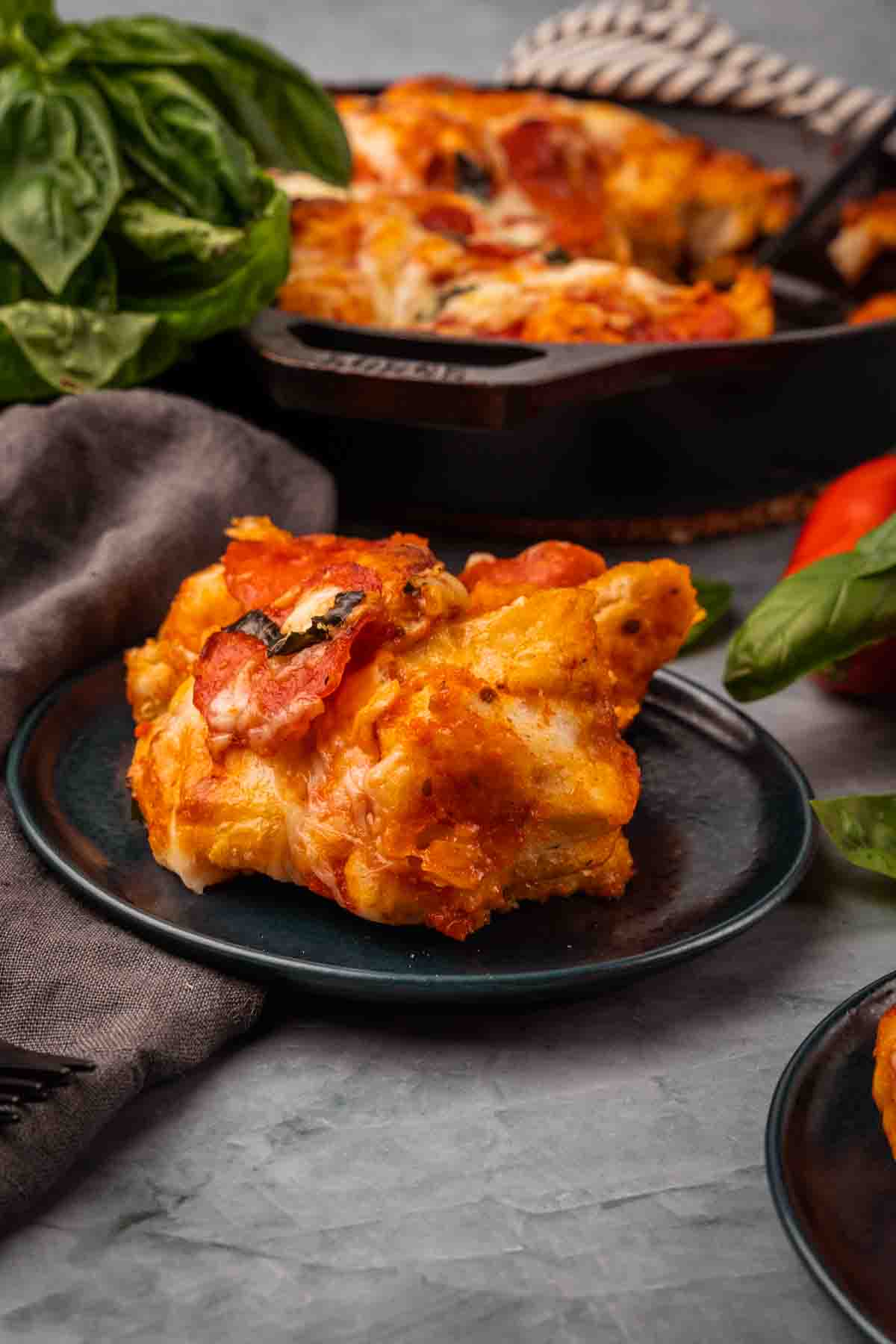 Portion of pizza made with canned dough on a plate. 