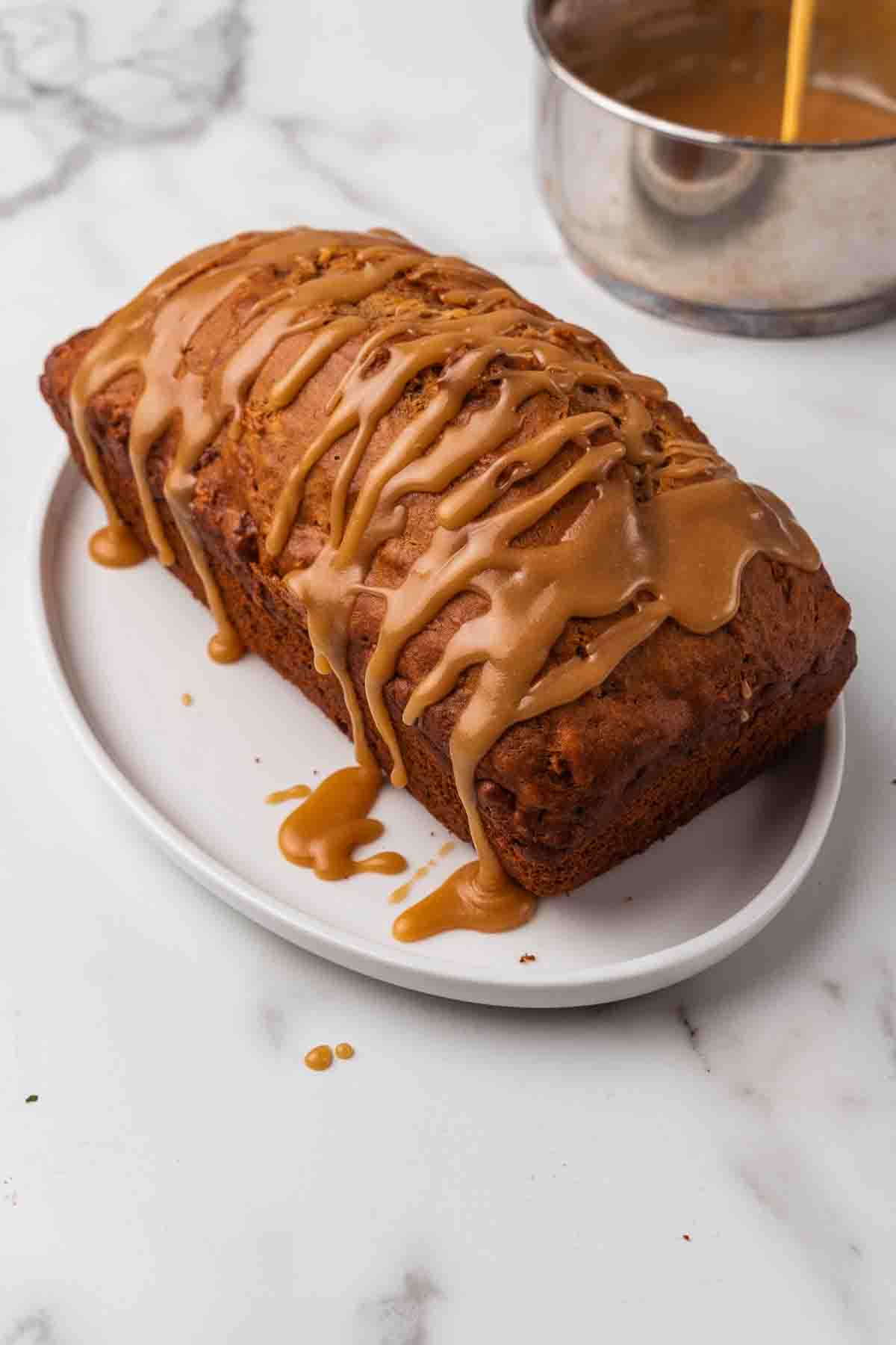 Apple bread drizzled with caramel bread. 