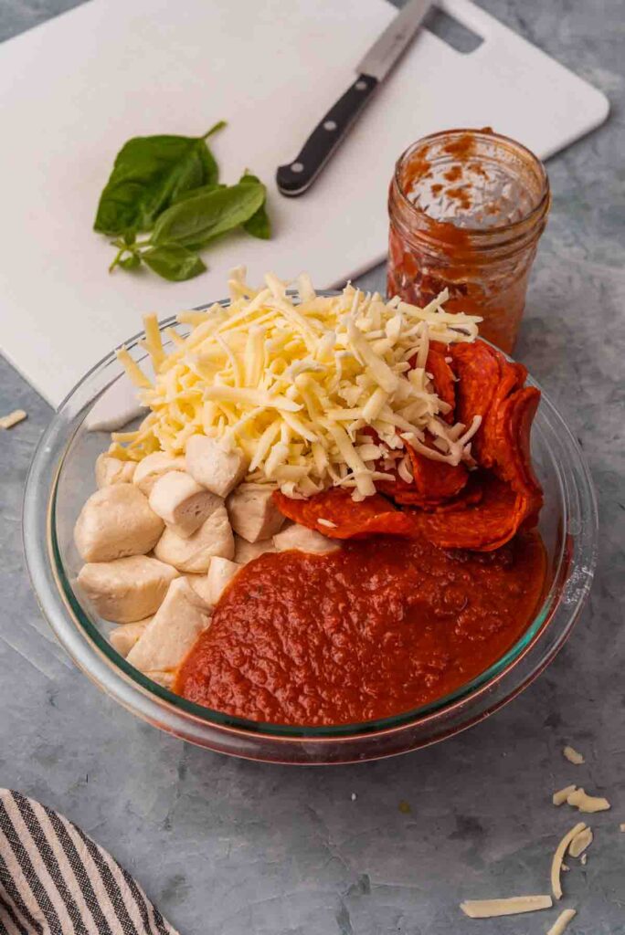 pizza ingredients in a glass bowl