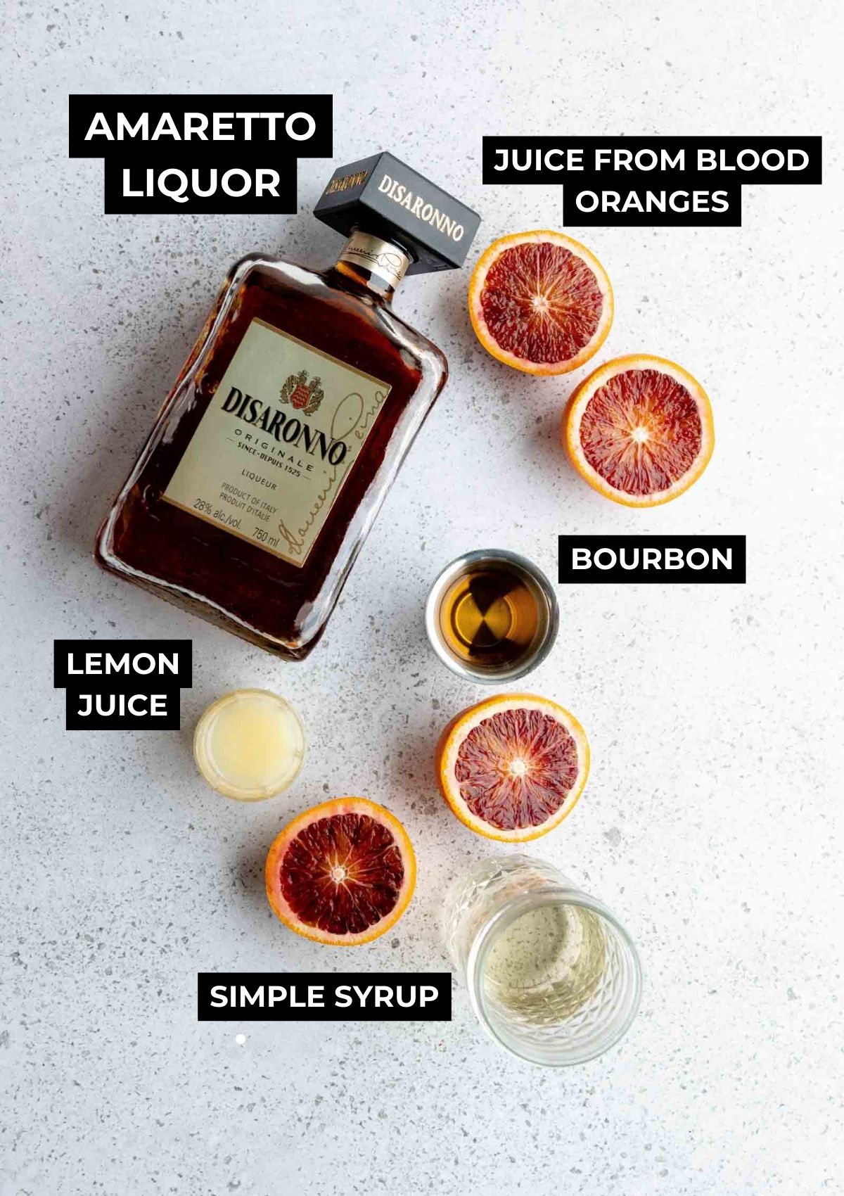 Ingredients for this cocktail recipe on a board. 
