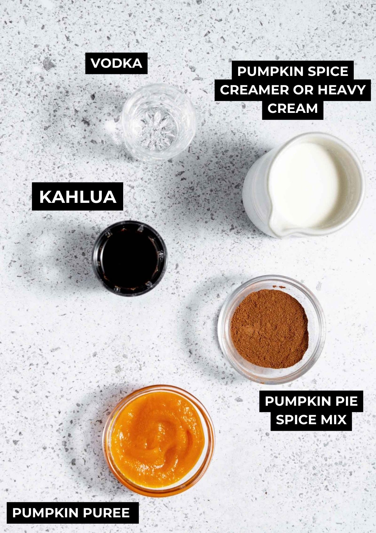 Ingredients for this white russian cocktail. 