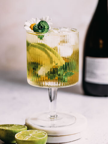 Side shot of a hugo spritz cocktail showing ice, garnish, and lime slices.
