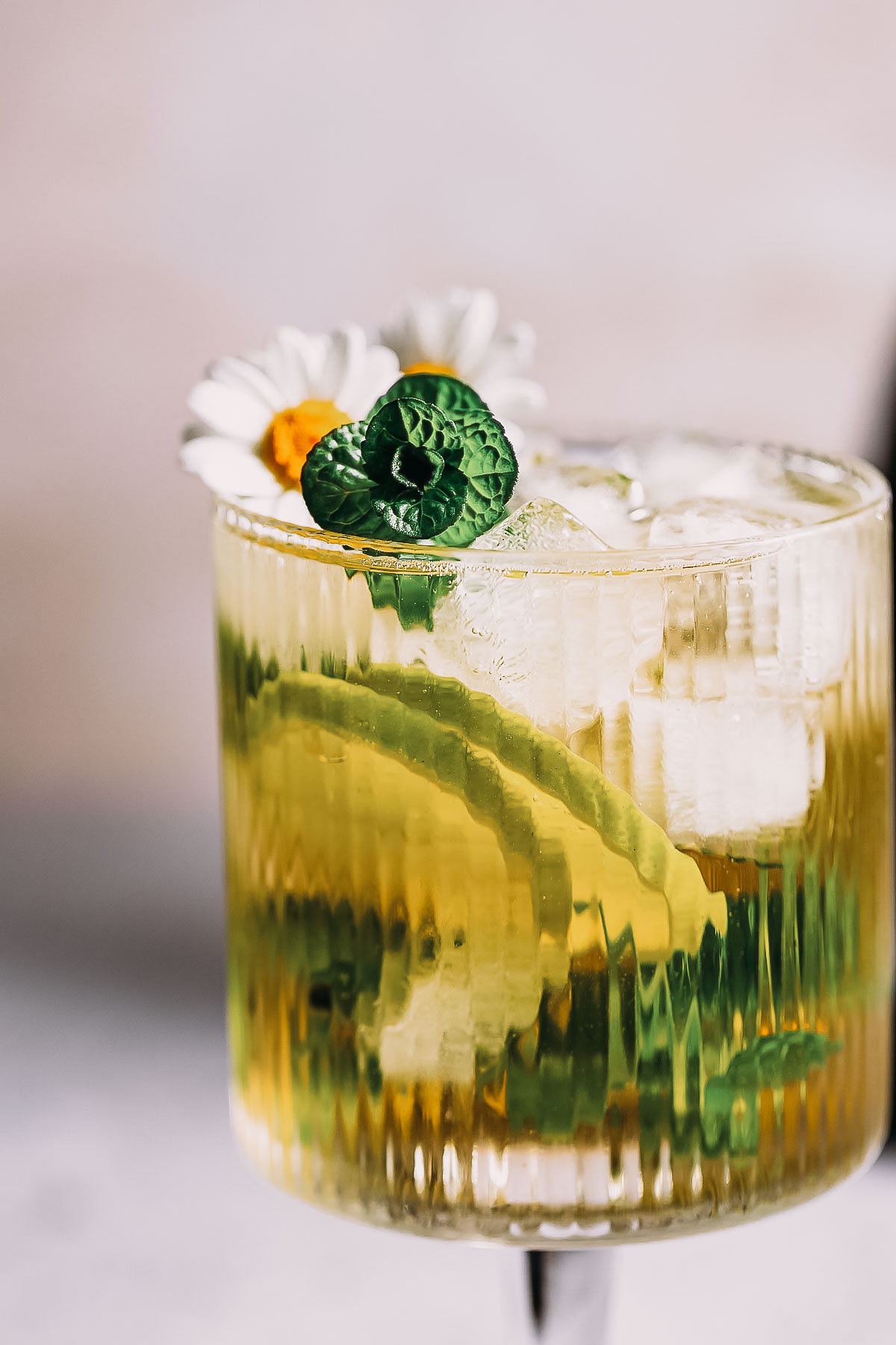 Close up of a beautiful hugo spritz cocktail.
