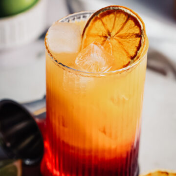 Close up of a dried orange slide atop an icy cold madras cocktail.