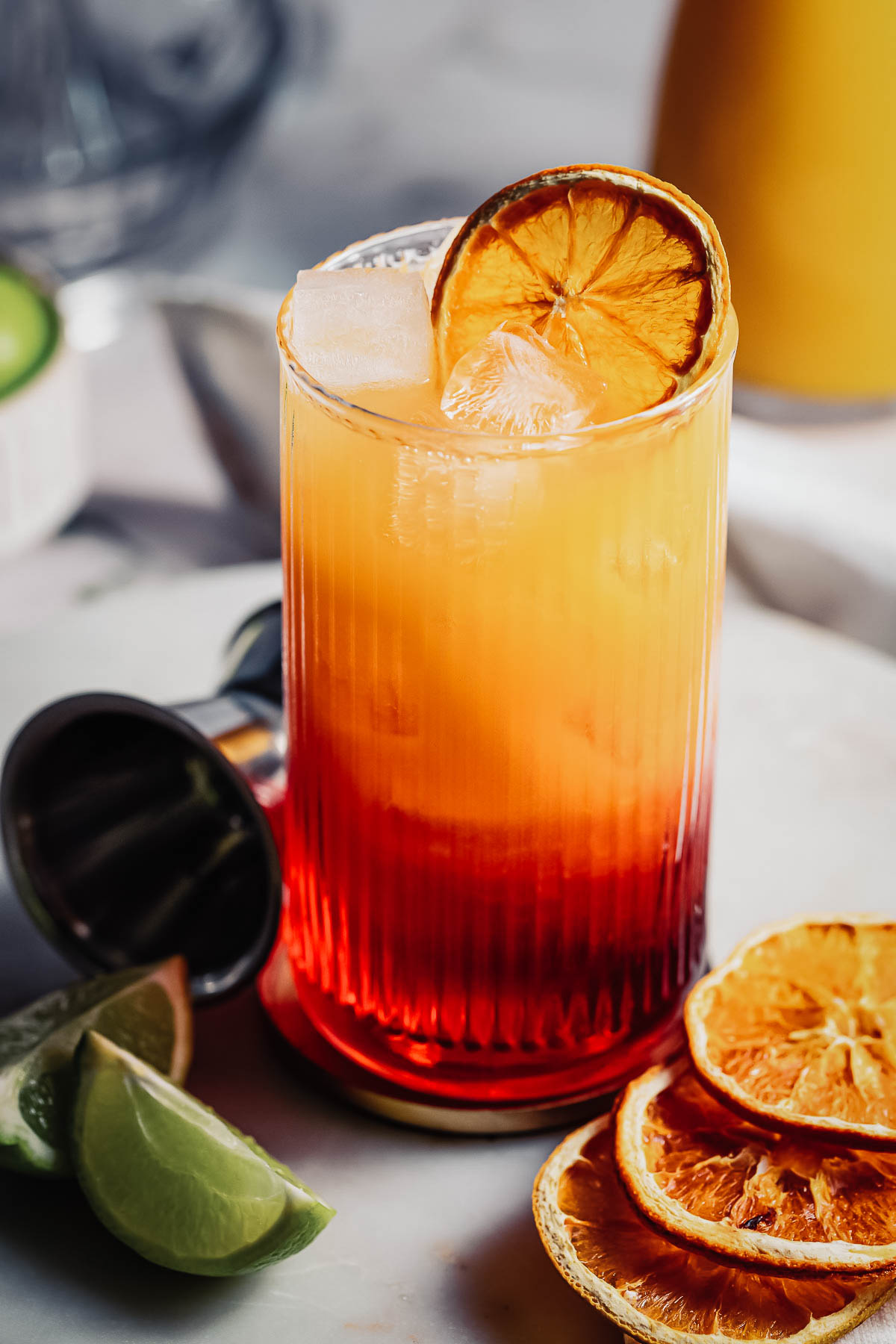 Close up of a madras cocktail with dried citrus garnish.