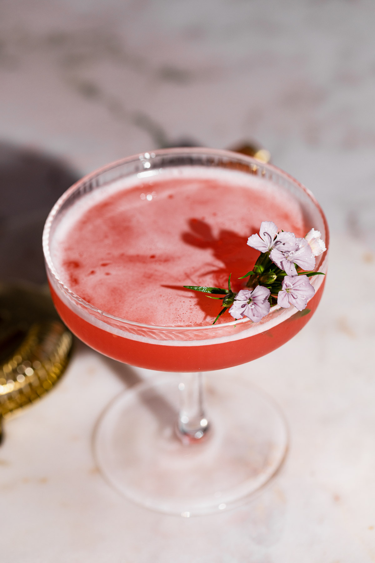 Overhead shot of garnish in a pink cocktail.