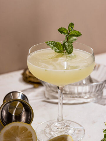 Fresh mint sprig in a vibrant southside cocktail.