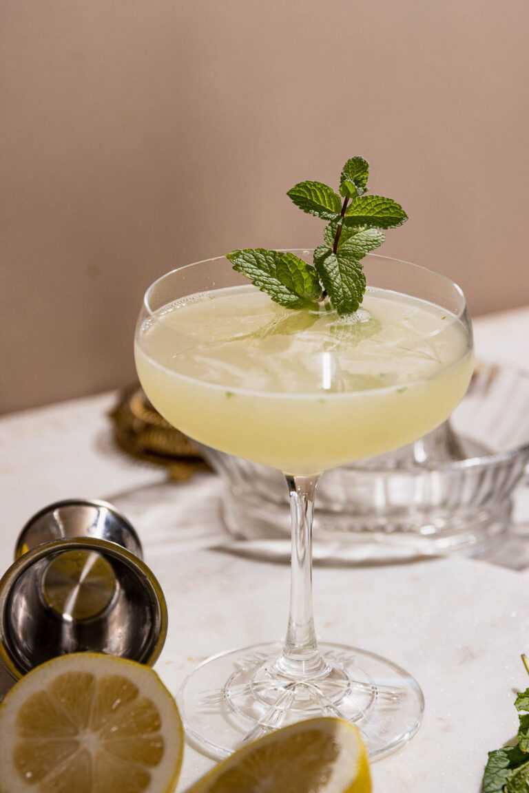 Fresh mint sprig in a vibrant southside cocktail.