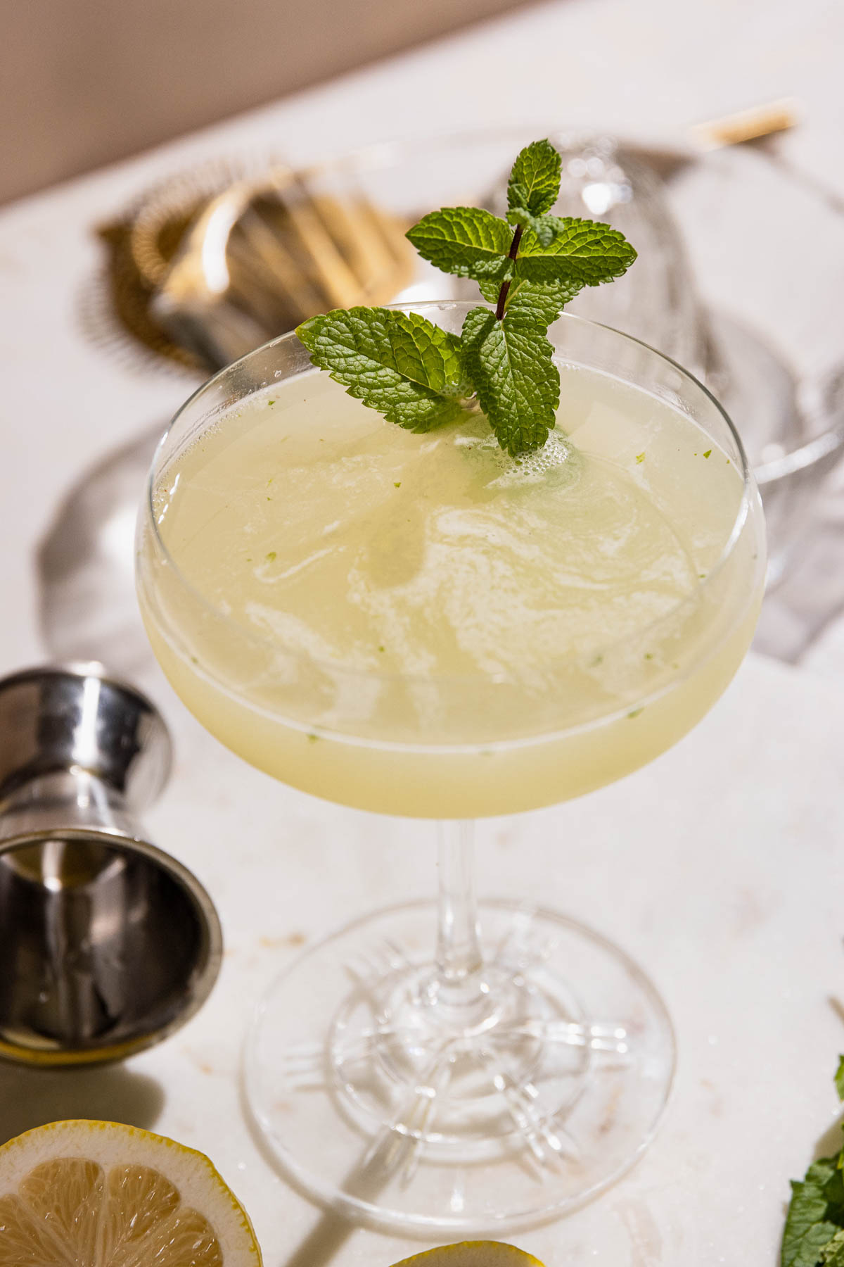 Close up of a southside drink in a cocktail glass with fresh mint. 