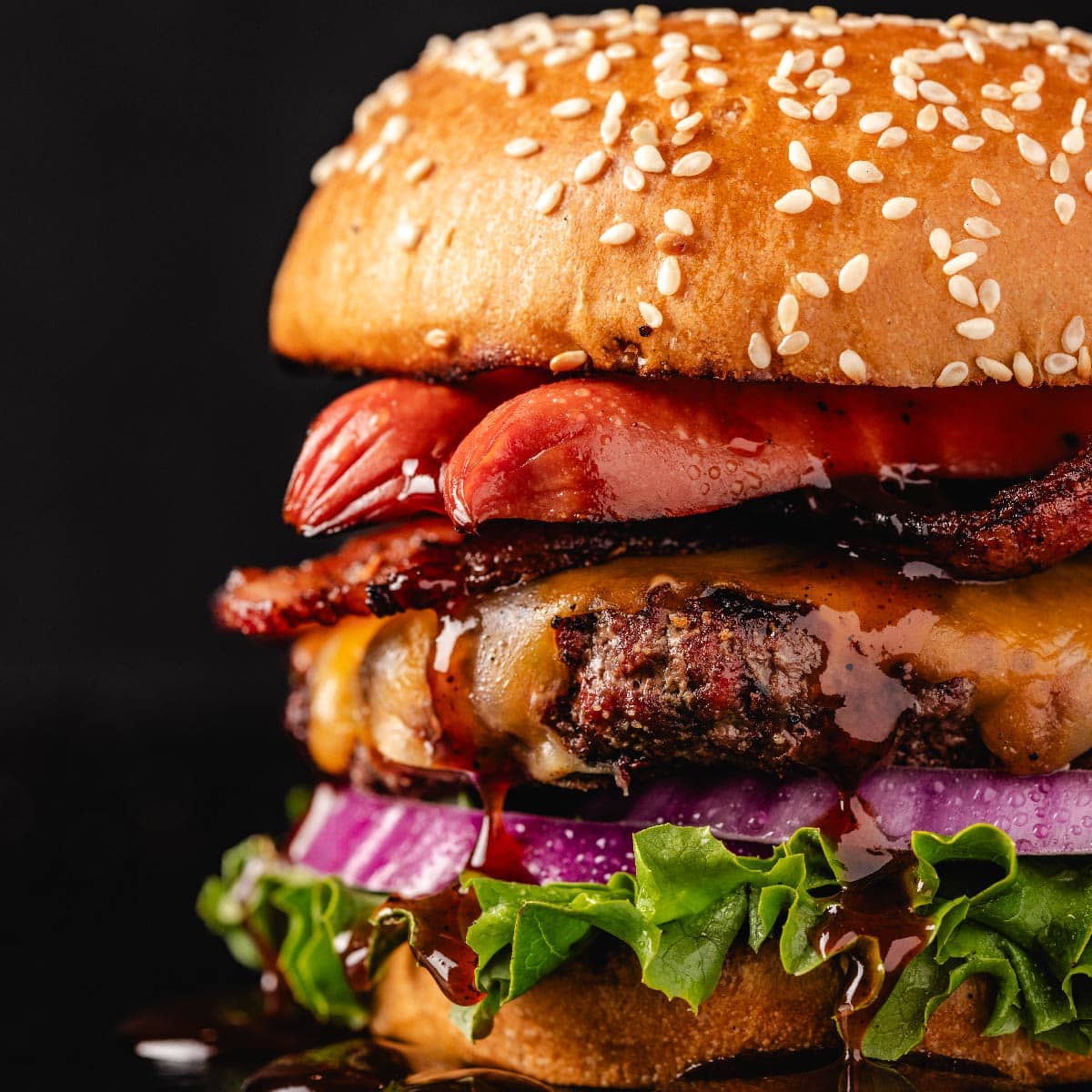 Side shot of a burger. 