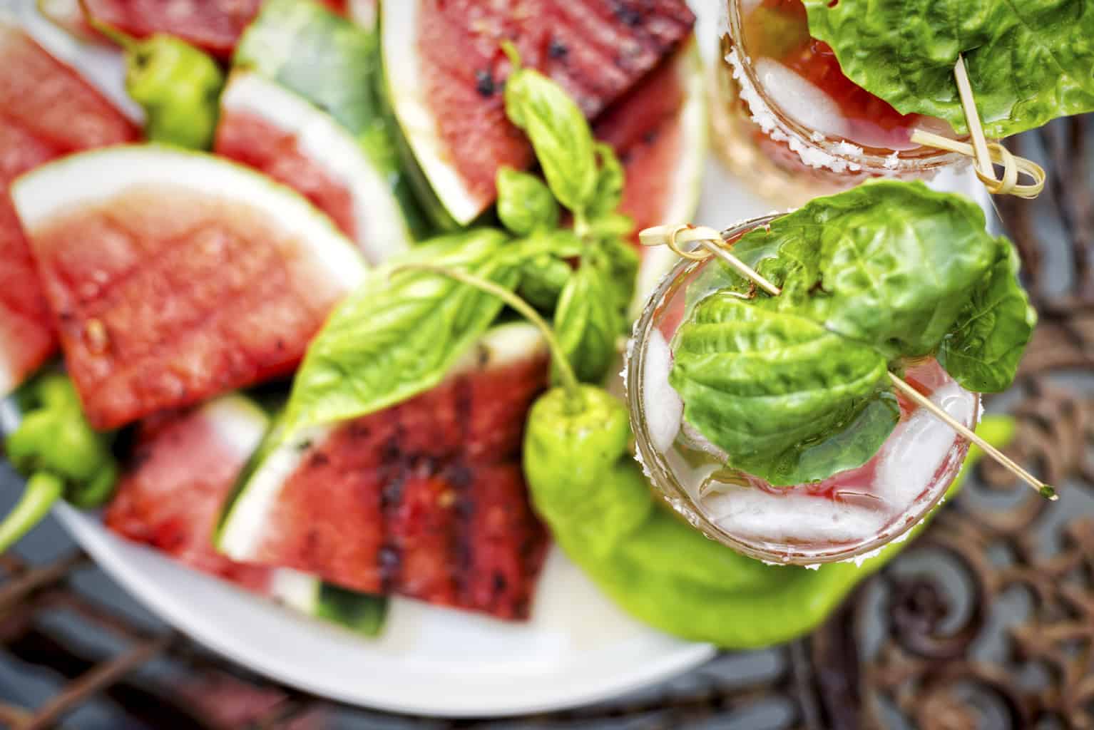 Overhead shot of grilled watermelon cocktail. 