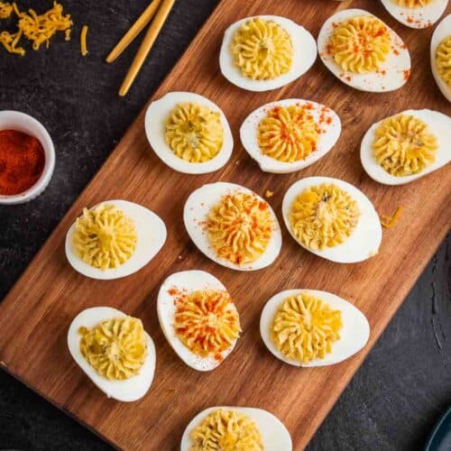 Deviled eggs on a tray. 