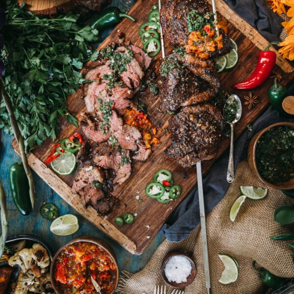 Overhead shot of sliced picanha. 