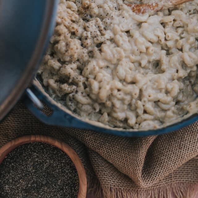 Mac and cheese in a dutch oven. 