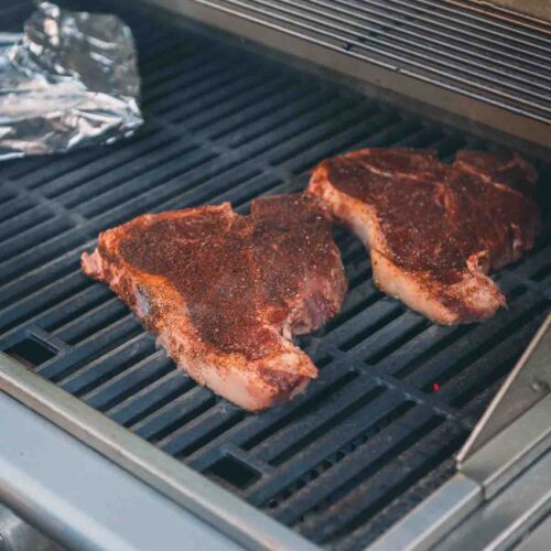 Steaks on a gas grill. 