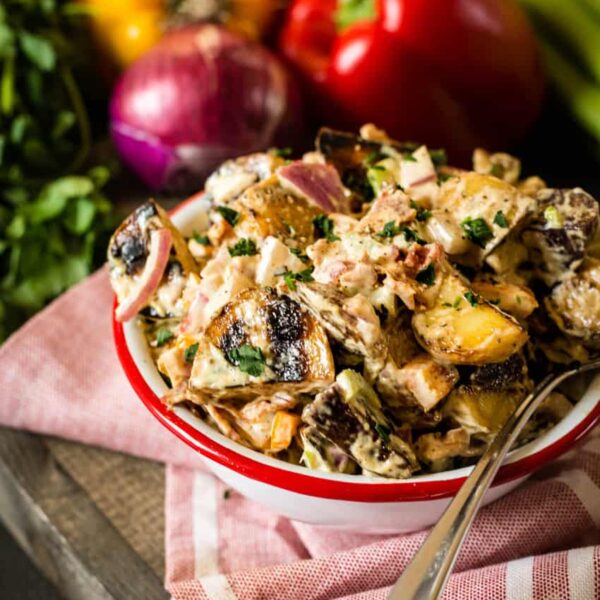 Smoked potato salad in a bowl. 