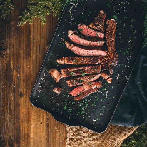 Sliced bone in ribeye steak. 