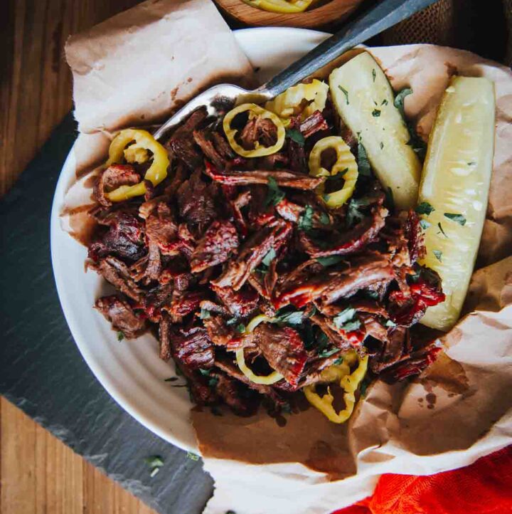 Pulled beef chuck roast. 